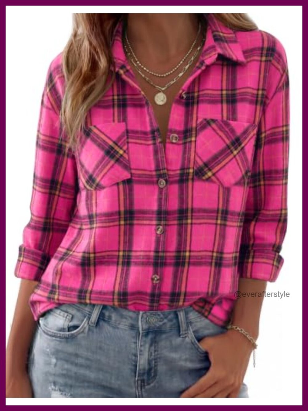 Womens Flannel Shirt Long Sleeve Button Down Plaid Top
